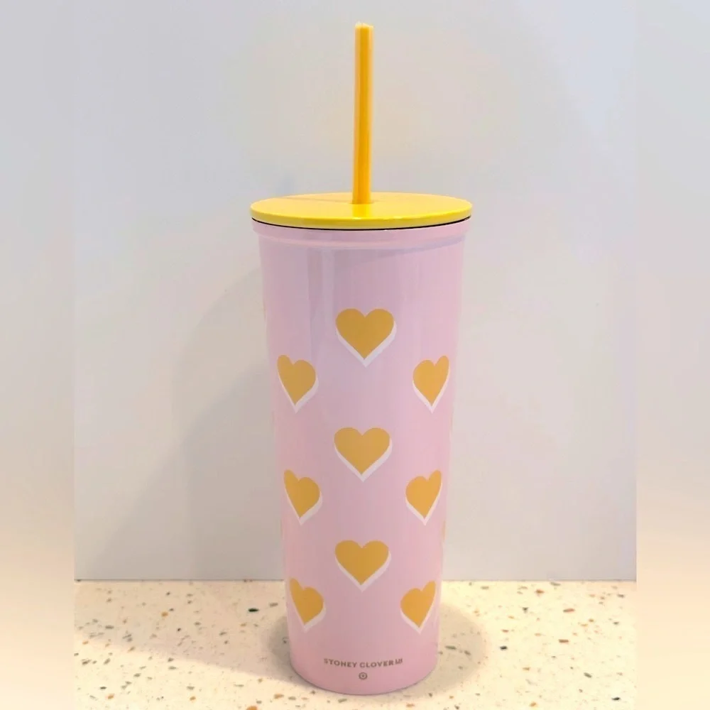 Stoney Clover Lane Pink Hearts Metal Tumbler with‎ Heart Straw Sippy Travel Cup